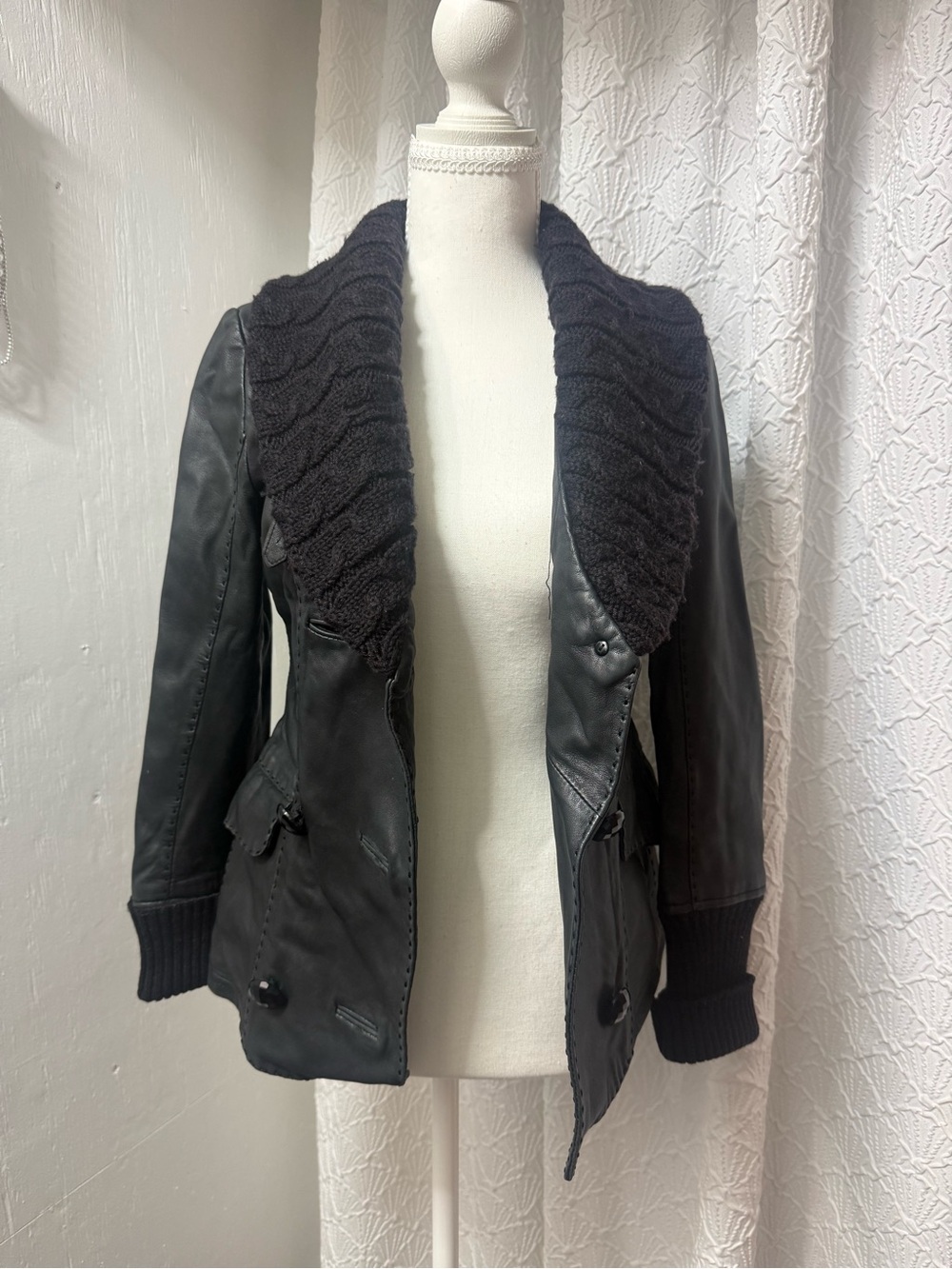 Mackage Black Leather Jacket with Knit Shawl Collar